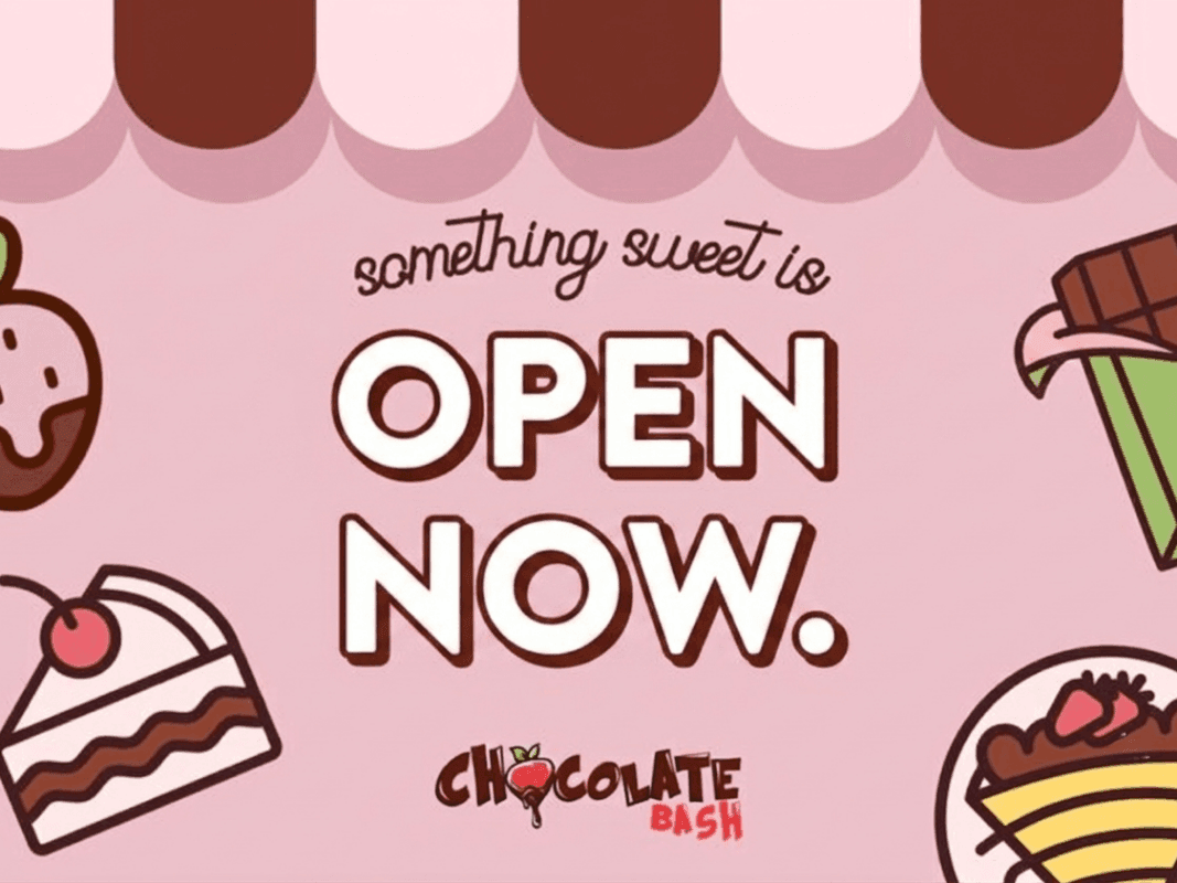 A promotional illustration for Chocolate Bash against a pink background featuring various cartoon desserts like cake, crepes, and chocolate-covered strawberries. The main text reads: 