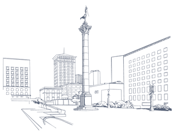 Line art cityscape featuring buildings and a central monument at Warwick San Francisco سان فرانسيسكو
