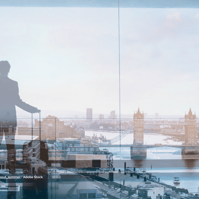 business traveler looking at London view - of Tower Bridge 