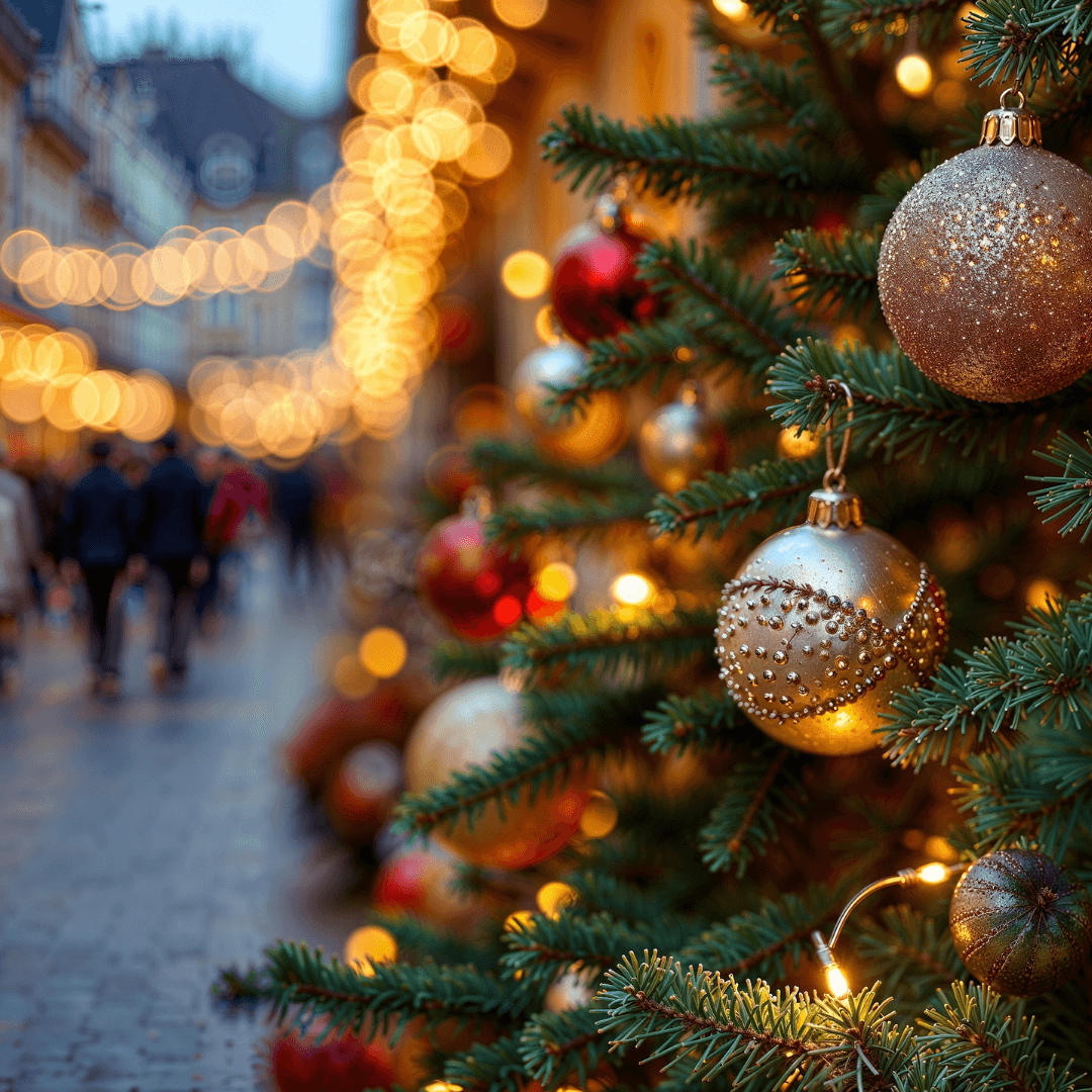 A close up of a tree decorated in bulbs and string lights 