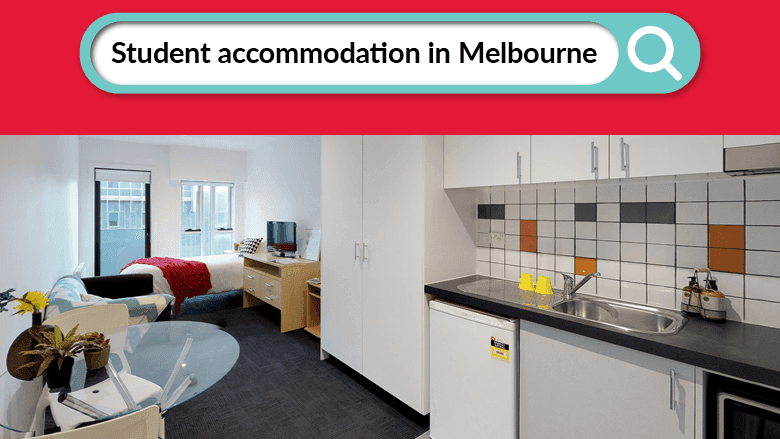 Modern student living room and kitchen with red accent at Student Living - 740 Swanston.