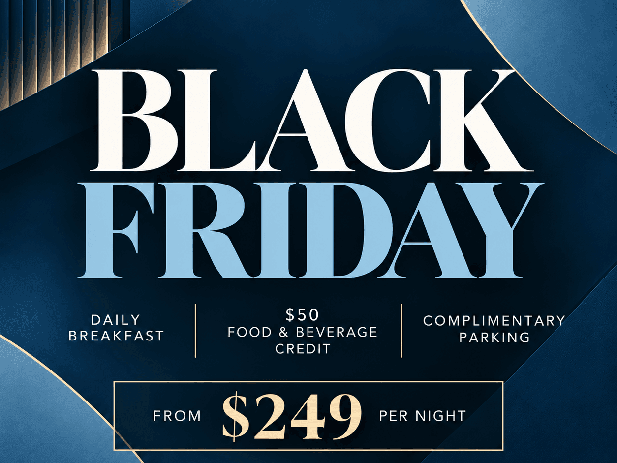 Black Friday offer at Hotel Grand Chancellor Brisbane from $249 per night, including daily breakfast and a $50 Food & Beverage credit. Features elegant navy and blue abstract graphics with gold accents.