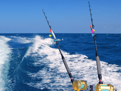 2 fishing rods secured on the back of a fishing boat near Bayside Inn Key Largo