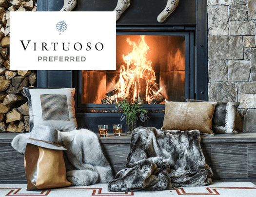 Virtuoso Preferred poster with a fireplace by the lounge area background at Hotel Jackson