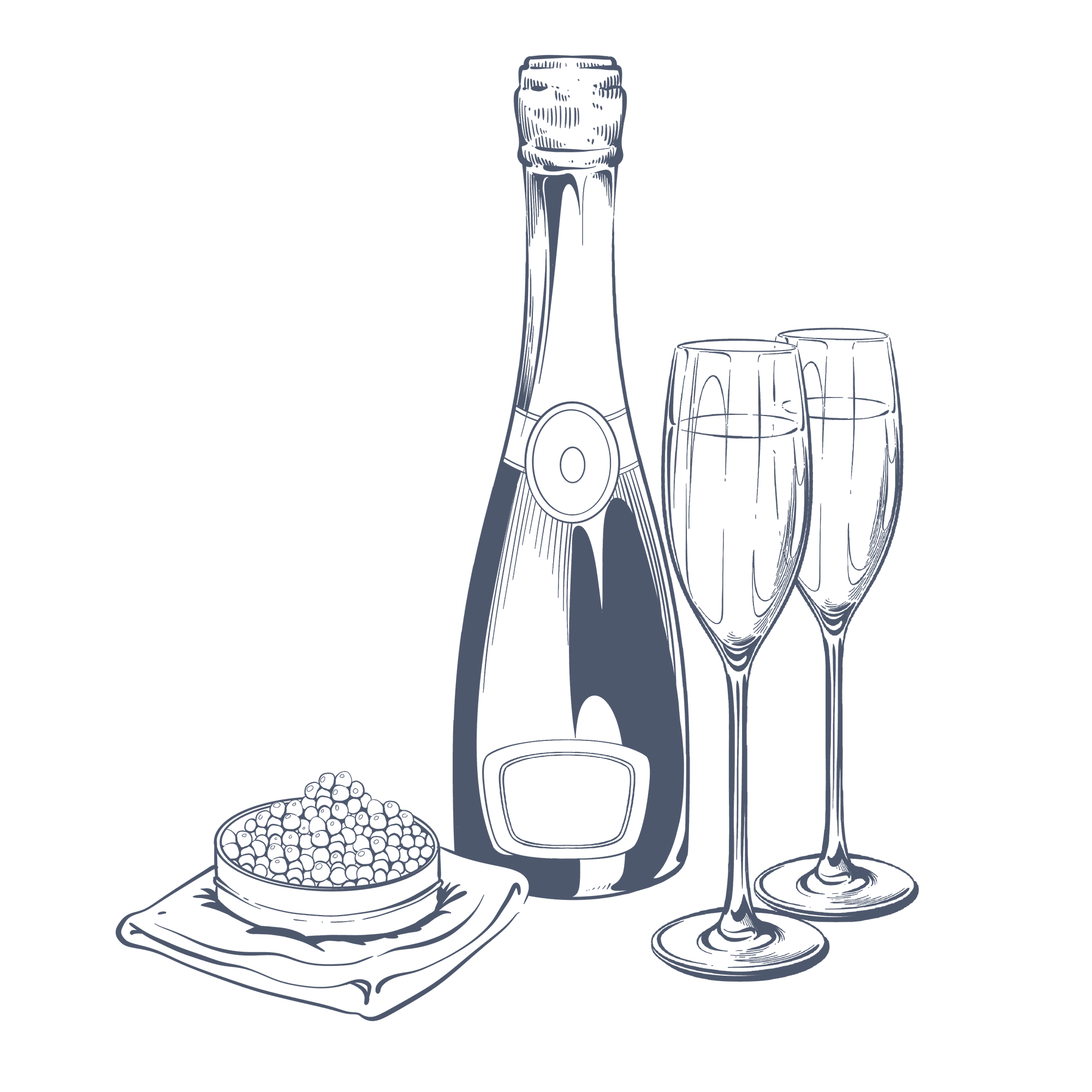 Illustration of a champagne bottle by two crystal flutes and a small dish of caviar at Hotel Westminster Paris