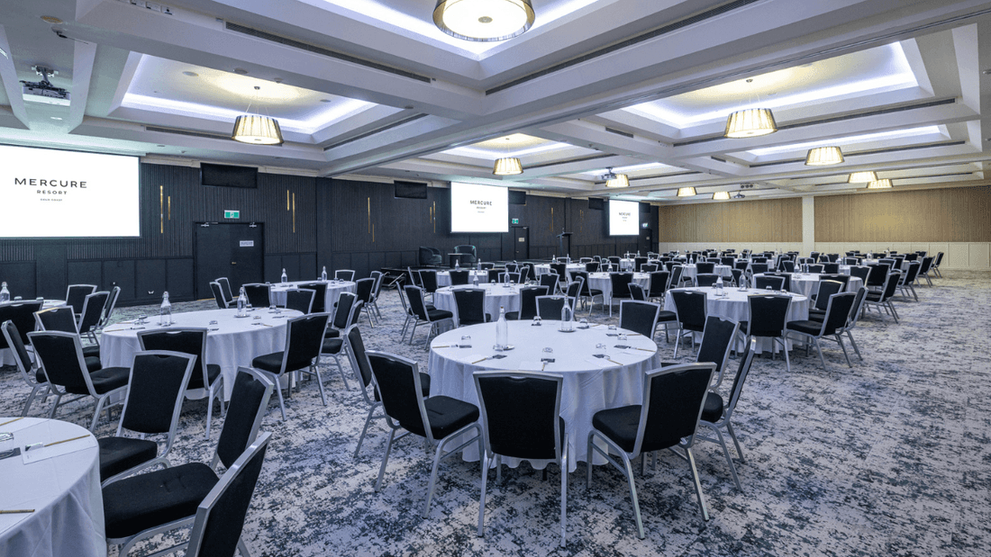 Banquet setup in The Masters Ballroom event room at Mercure Gold Coast Resort, Carrara.