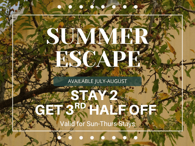 Promotional text for La Tourelle Hotel and Spa offering Summer Escape with a 3rd night half off, valid for Sun-Thurs stays