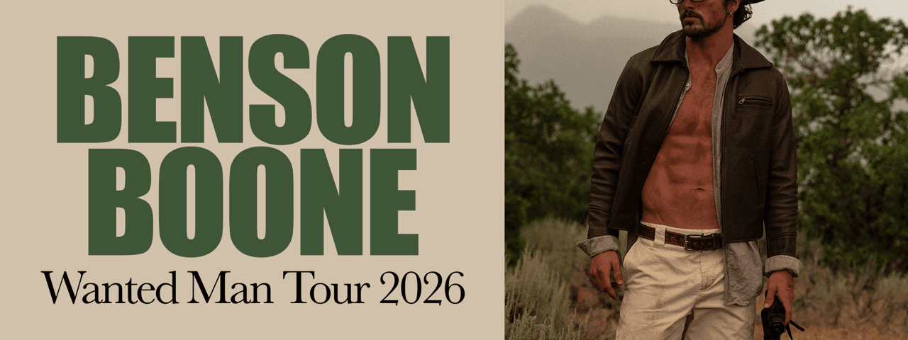 Man in cowboy hat and jacket standing in desert landscape with Benson Boone Wanted Man Tour 2026 text displayed.