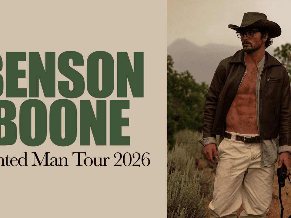 Man in cowboy hat and jacket standing in desert landscape with Benson Boone – Wanted Man Tour 2026 text displayed.