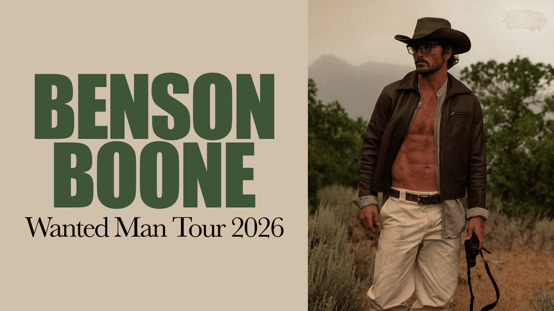 Man in cowboy hat and jacket standing in desert landscape with Benson Boone – Wanted Man Tour 2026 text displayed.