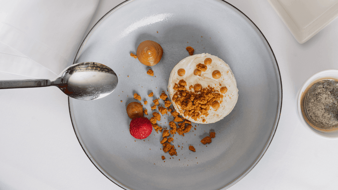 Close-up of Speculoos Cheesecake served in Teseo Restaurant at Warwick Geneva