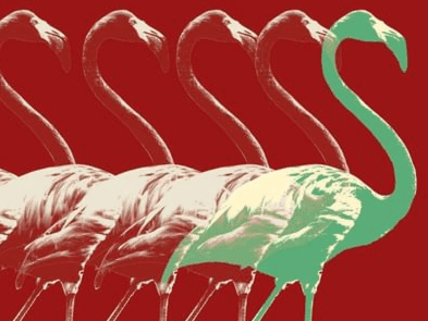 Striking, stylized art of a row of flamingos on a red background, with one in green at Urban Hive Milano
