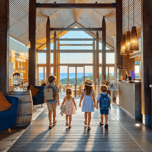 Family with children walking through a bright hotel lobby with wooden beams and ocean views during Spring School Holidays