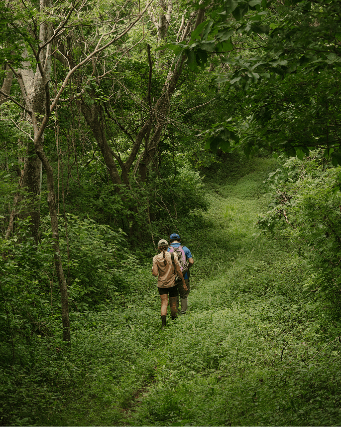 Two guests hiking lush green Palo de Pluma trails near Morgan’s Rock, a sustainable jungle lodge near San Juan del Sur