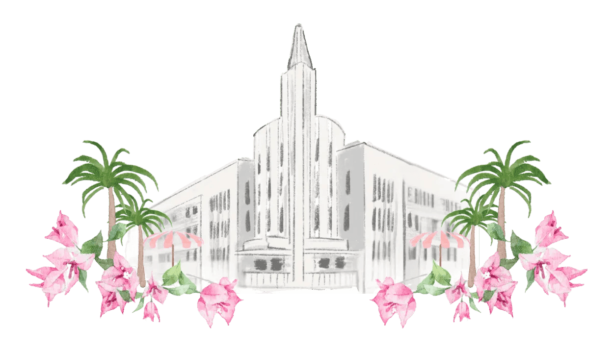 Illustration of an Art Deco building with palm trees and pink flowers used at The Plymouth Hotel South Beach
