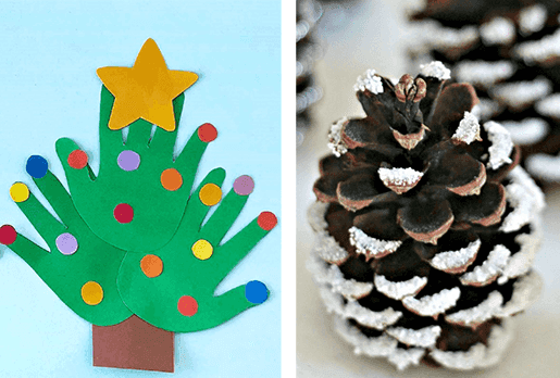 Collage of holiday crafts including a handprint tree, snowy pinecone, felt mitten, and painted pot at Hotel X Toronto