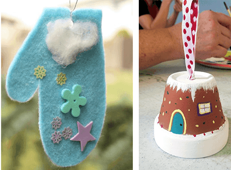 Collage of holiday crafts including a handprint tree, snowy pinecone, felt mitten, and painted pot at Hotel X Toronto