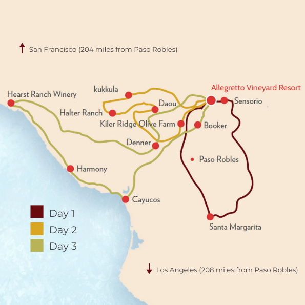 Daily map routes for Car Club Excursion throughout the central coast