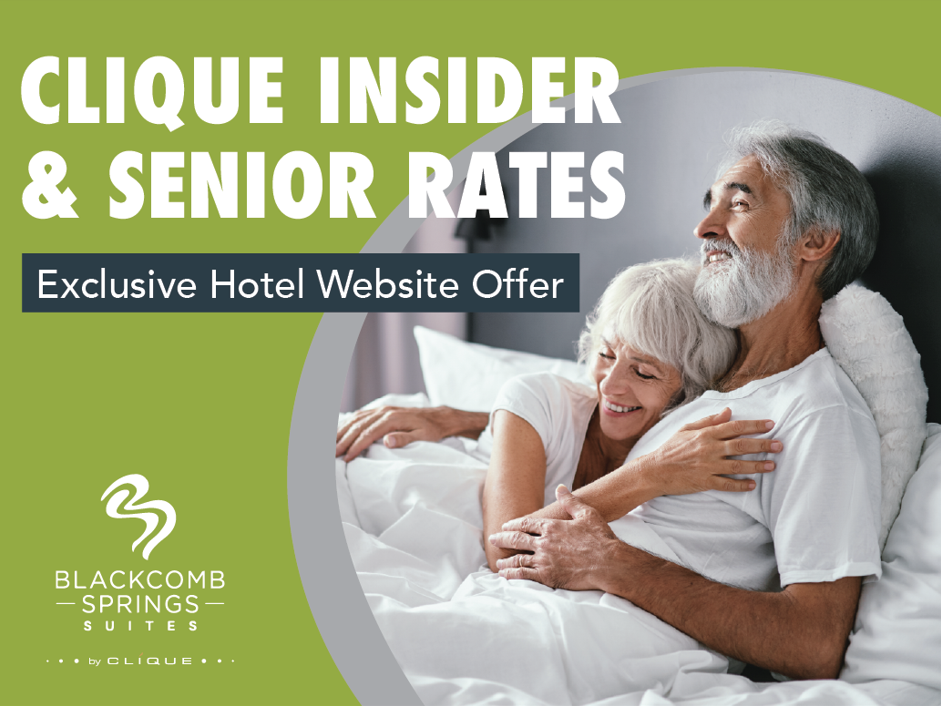 Clique Insider & Senior Offer poster with an old couple relaxing on a bed at Blackcomb Springs Suites
