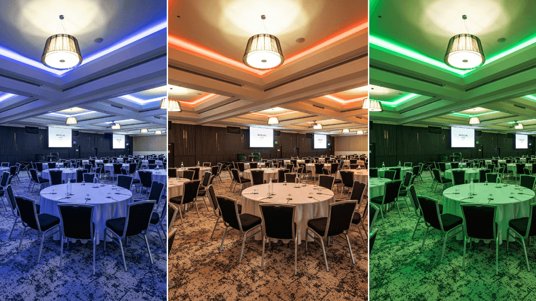 The Masters Ballroom with various lighting options at Mercure Gold Coast Resort in Carrara.