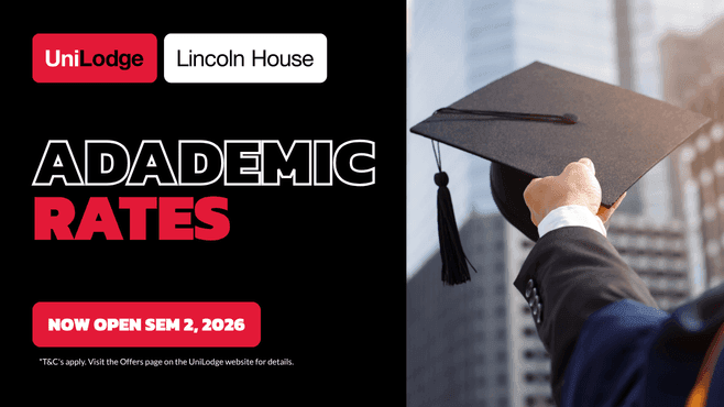 Student with cap and gown celebrating with academic rates promotion at UniLodge Lincoln House