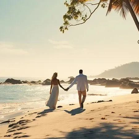 Couple enjoying a romantic beach walk by the ocean.