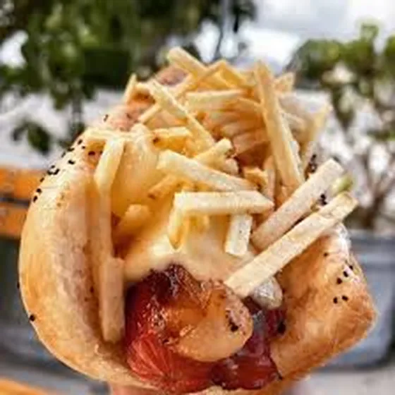 Gourmet hot dog topped with fries at Dogma Grill in Miami's MiMo neighborhood
