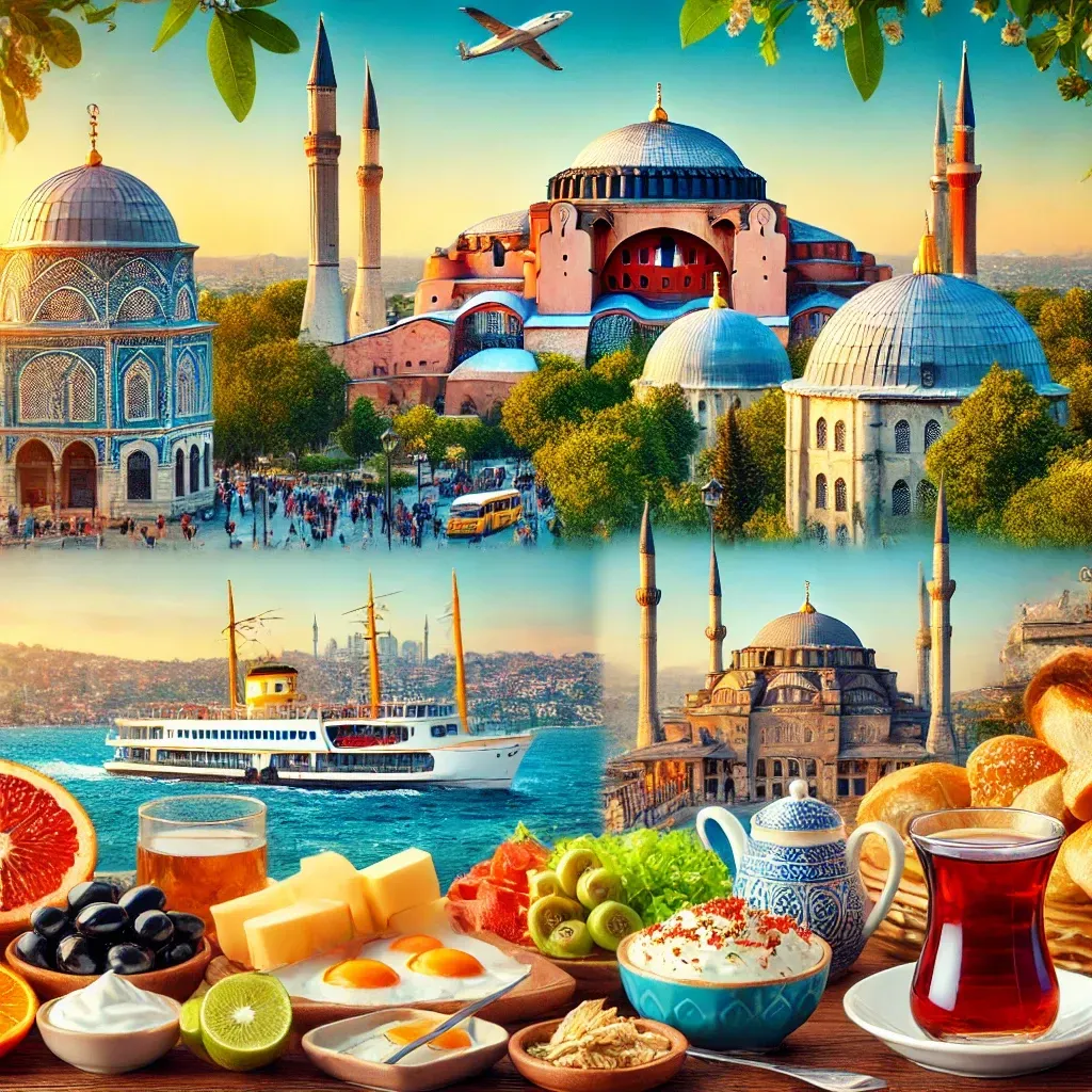 Istanbul skyline featuring Hagia Sophia, Blue Mosque, a traditional Turkish breakfast, and a ferry on the Bosphorus.