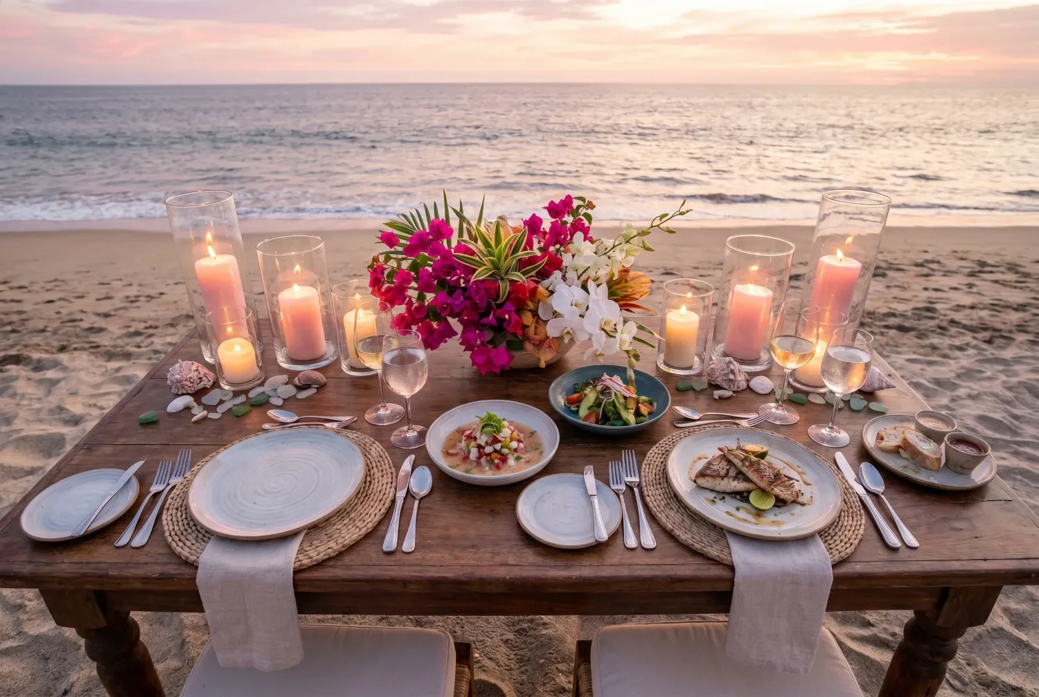 Elegant beachfront dinner setup during sunset in Puerto Vallarta during Restaurant Week 2026