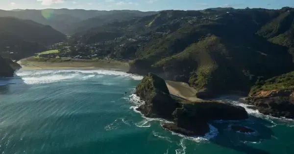 Aerial view of Piha Beach near Auckland.