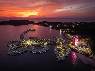 Beautiful aerial shot of Lexis Hibiscus Port Dickson resort at dusk