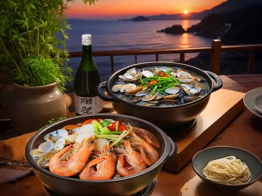A dining table featuring two claypots filled with seafood and a bottle of sake - Lexis Suites Penang