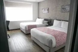 Twin room with two white beds and pink runners by a large window at Unika Hotels, fine for the best area to stay in Bogota