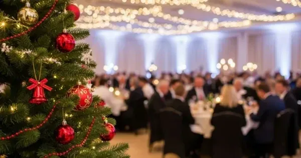 A banquet room set for an awards night with a stage and round tables