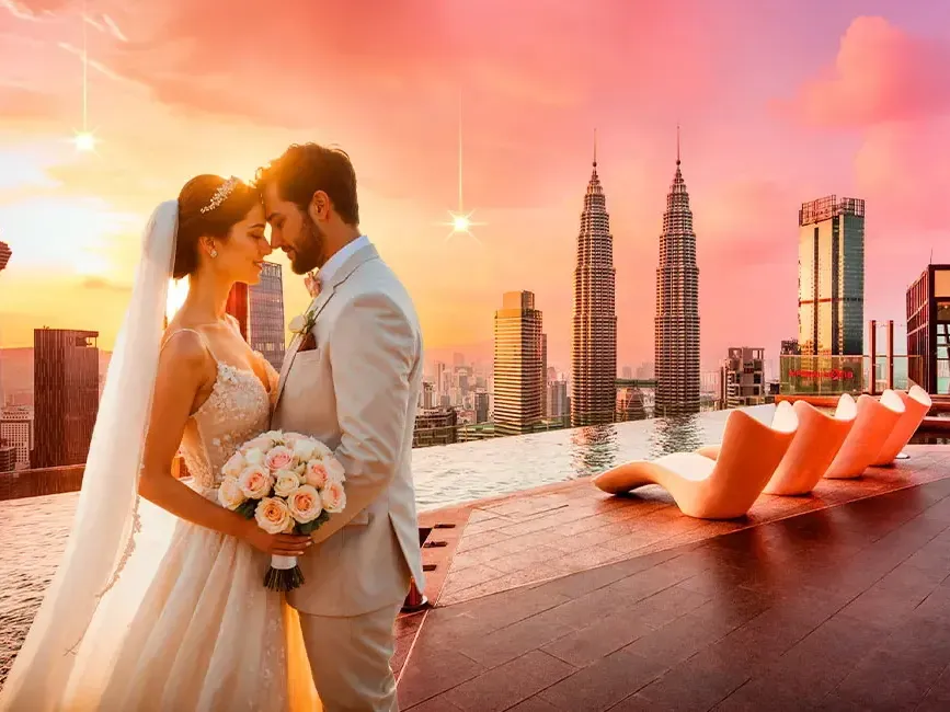 A newlywed couple poses on a rooftop with panoramic view of the cityscape behind them - Imperial lexis Kuala Lumpur