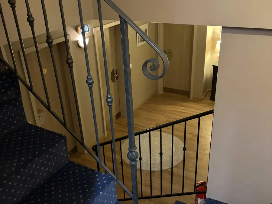 Escalier en spirale avec moquette bleue et motifs au Grand Hôtel Molière