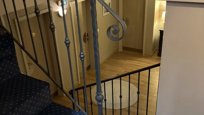 Escalier en spirale avec moquette bleue et motifs au Grand Hôtel Molière