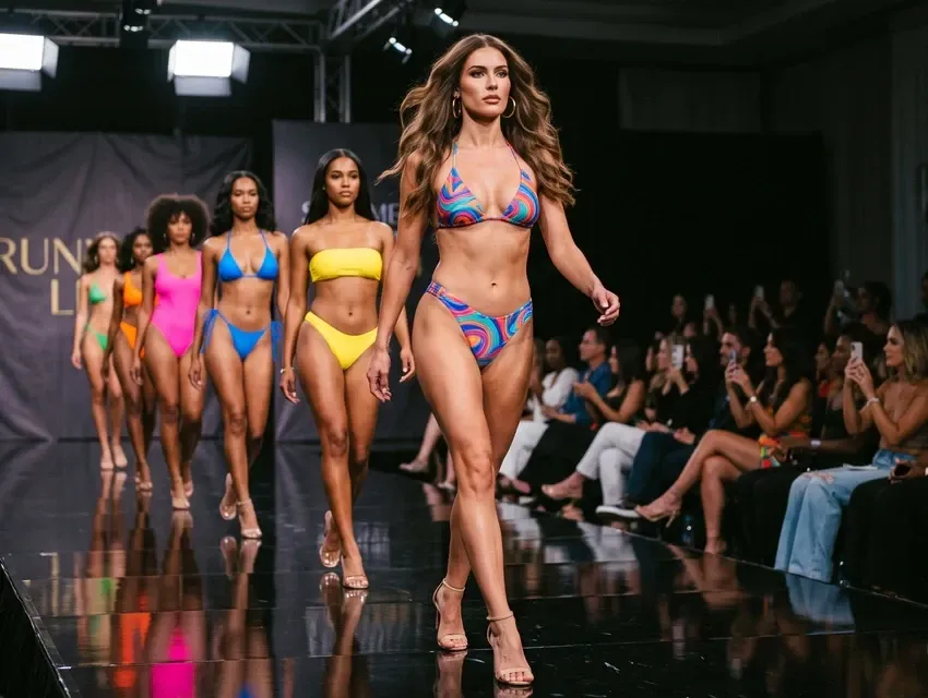 Models walking the runway in colorful swimwear during Miami Swim Week