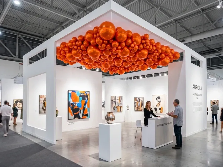 Gallery booth with an orange sphere installation at Art Basel Miami Beach