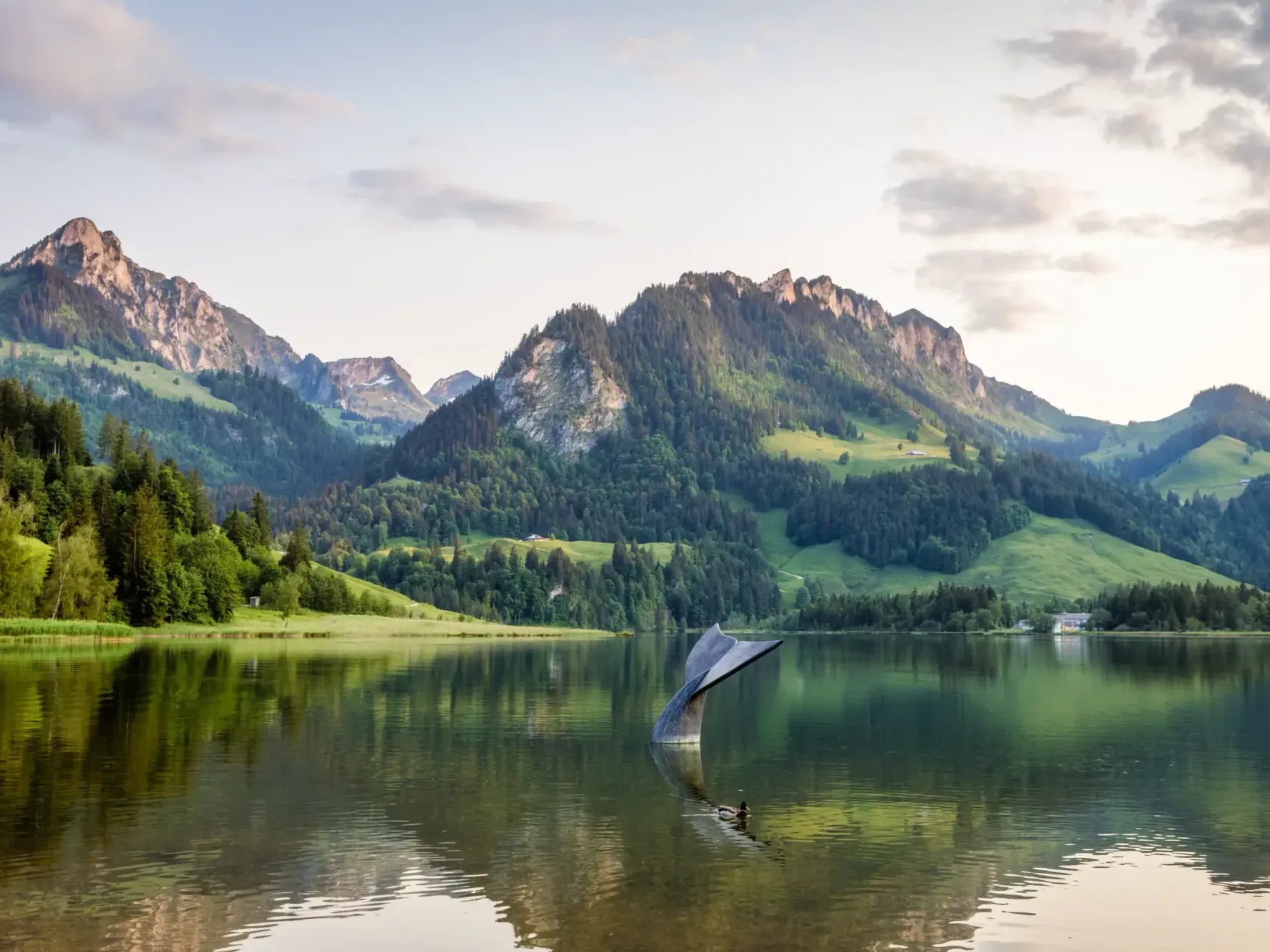 Lake Schwarzsee surrounded by lush mountains near Hotel des Innovations