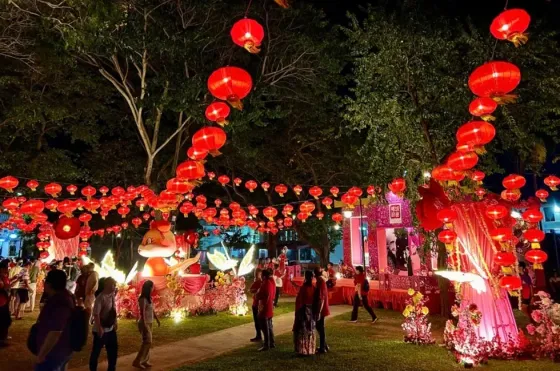Penang miao hui light up festival featuring red lanterns and festive decorations
