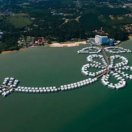 Aerial view of overwater villas at Lexis Hibiscus.