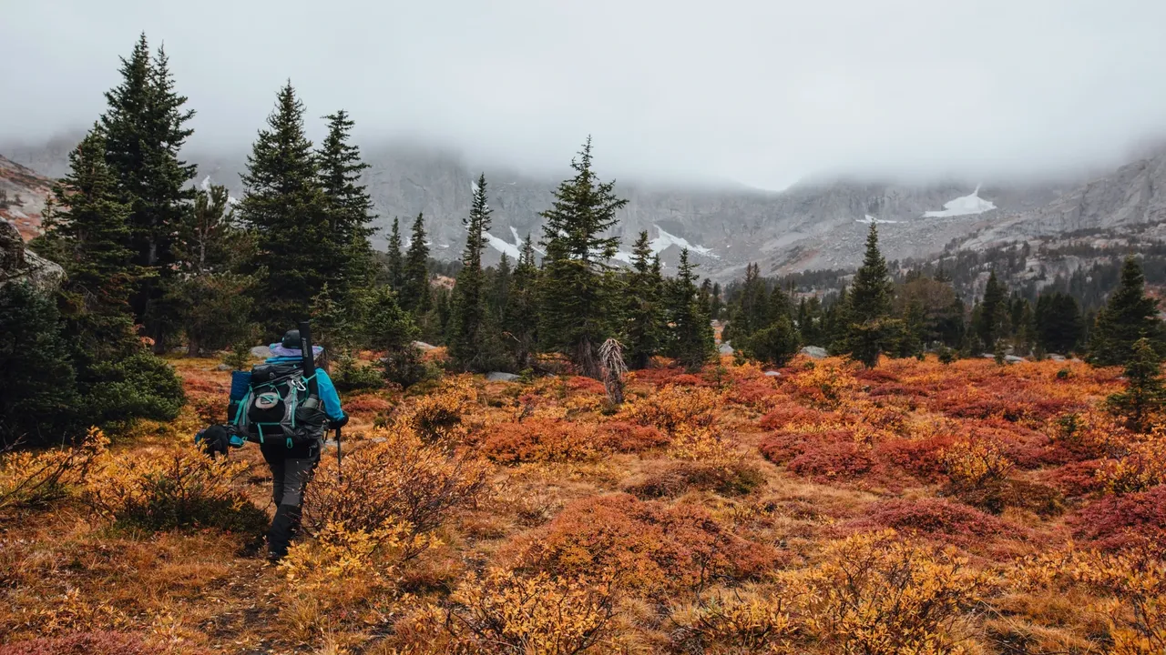 A person hikes East End of Rundle on a crisp fall day outside of Canmore.