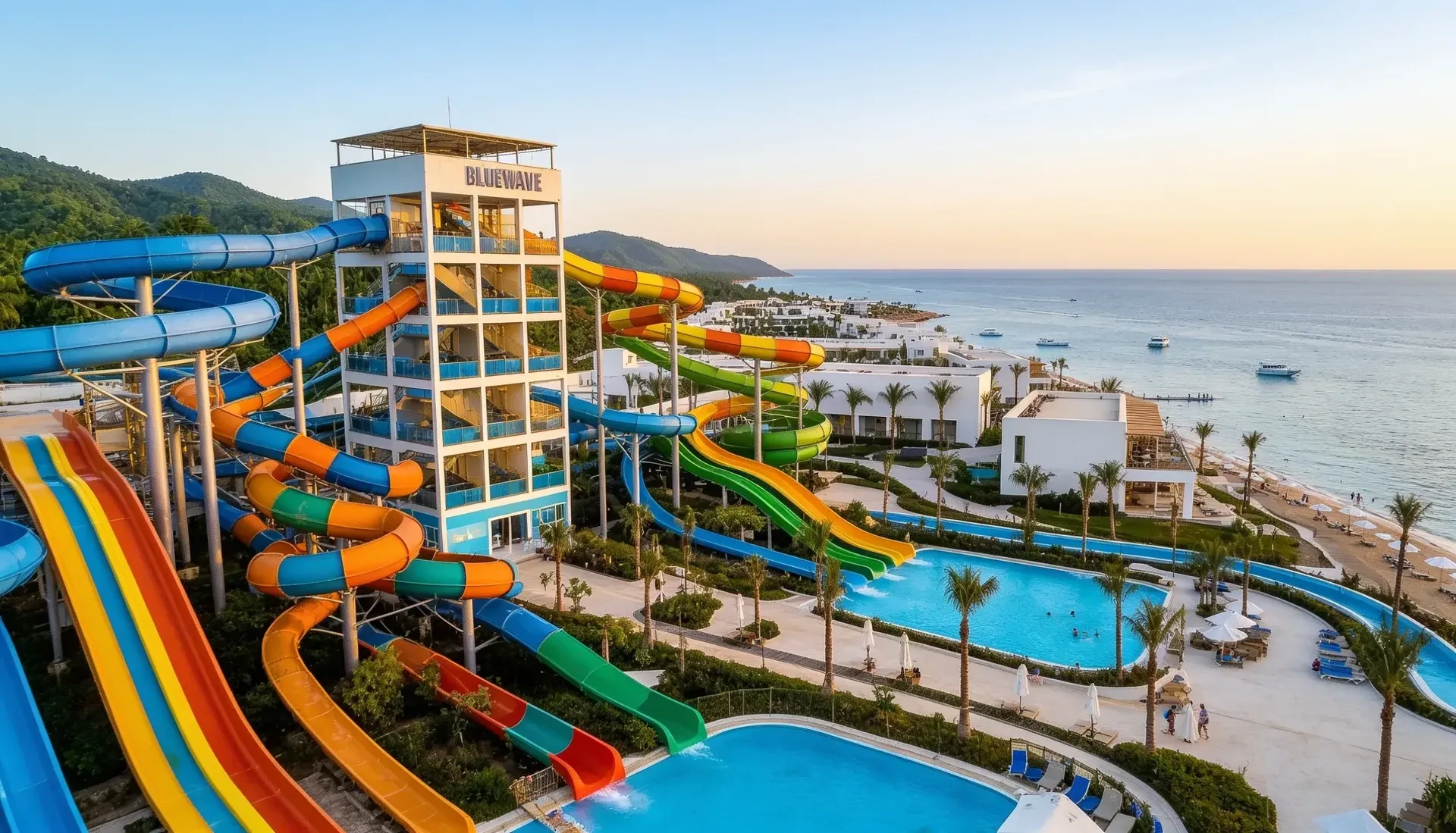 An aerial view of the aqua park's slides and pools along the beachfront