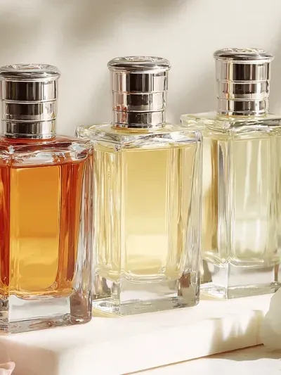 Three perfume bottles placed on a white marble ledge, surrounded by flowers and fruit at Warwick Hotels & Resorts 