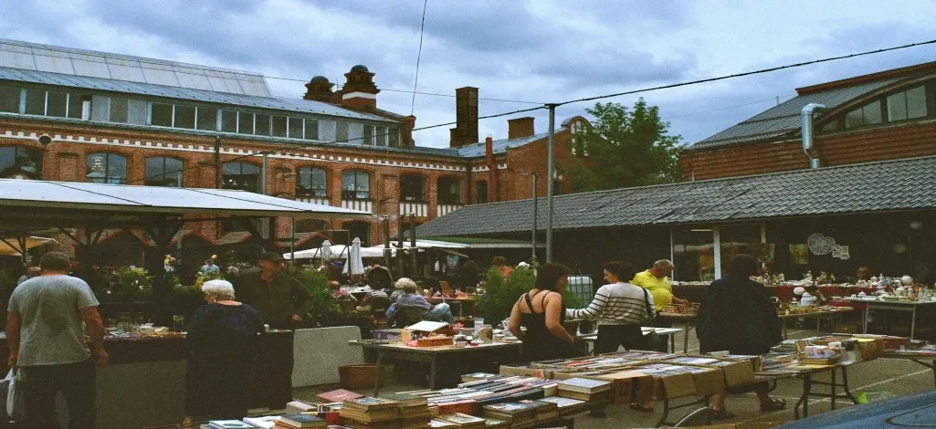 People browse at an outdoor book festival near Canmore.