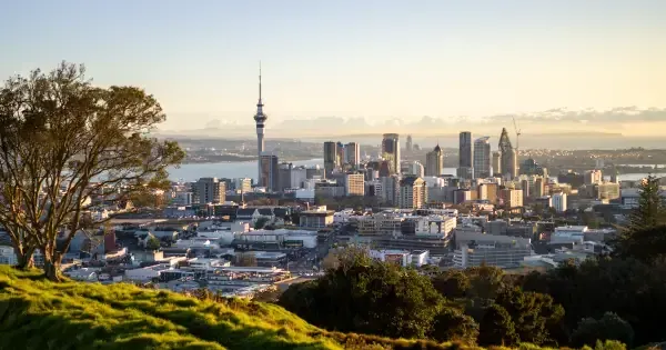 Aerial view of Auckland city and harbour.