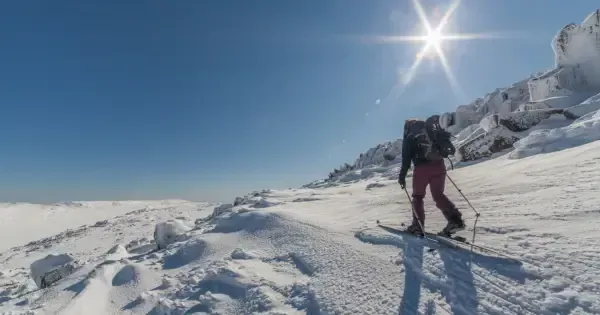 A skier taking on the backcountry at Ben Lomond National Park, Tasmania.