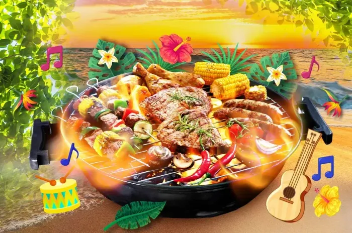 A grill filled with food on the beach - Lexis Suites Penang