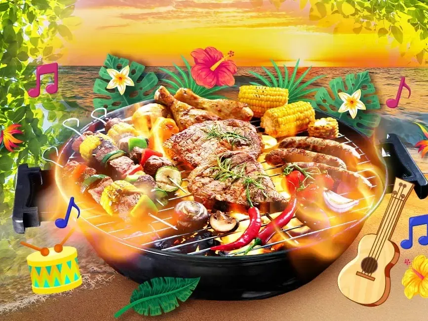A grill filled with food on the beach - Lexis Suites Penang